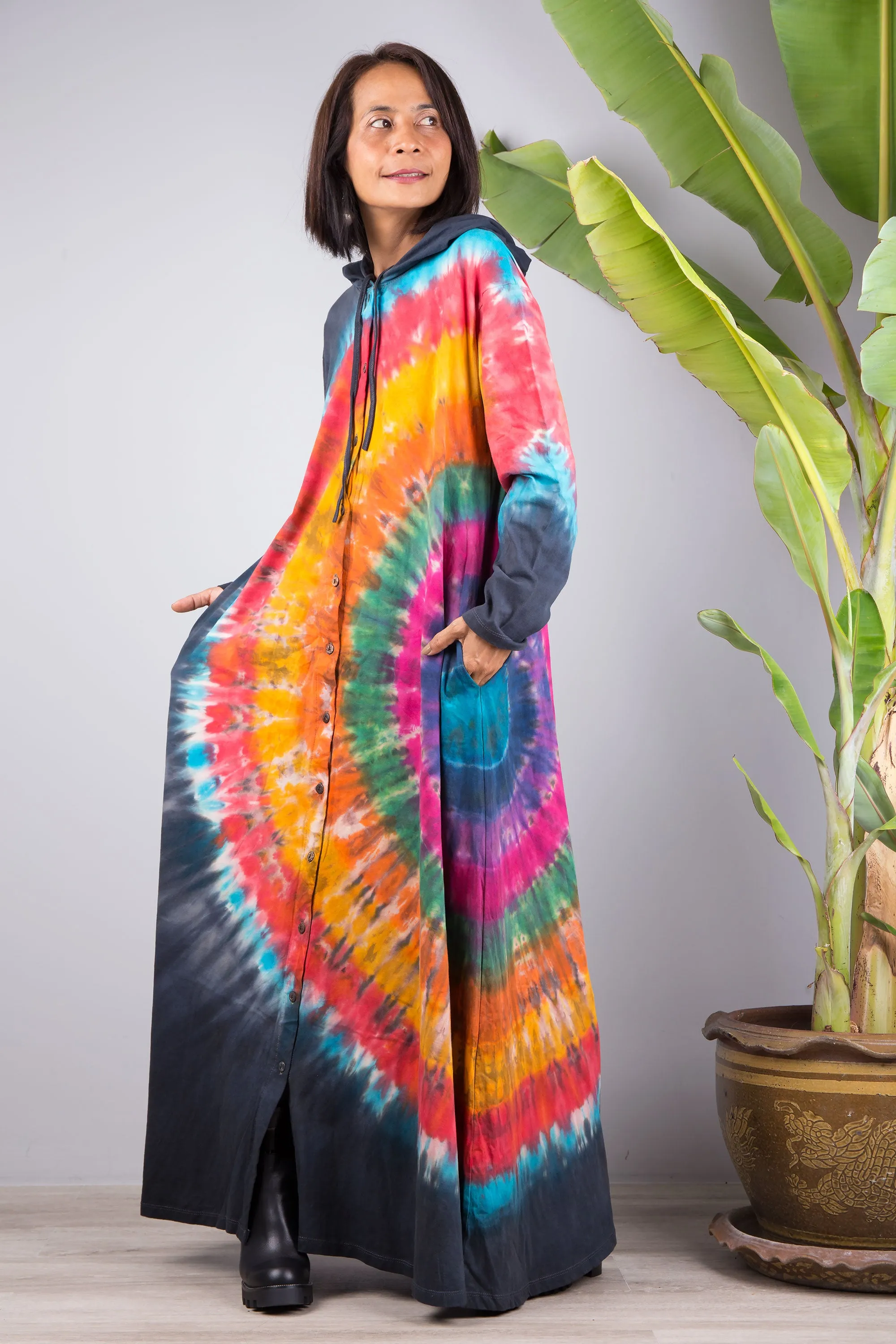 Tie dye duster dress with hood