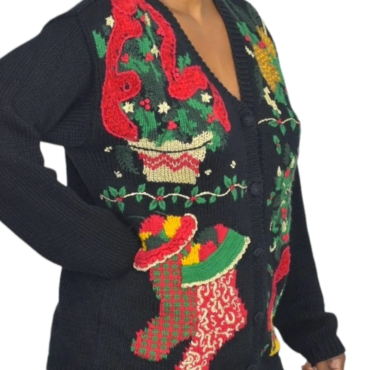 Ugly Christmas Sweater Black Cardigan Vintage Holiday Stockings 3D Knit Bryn Connelly Size Medium Petite