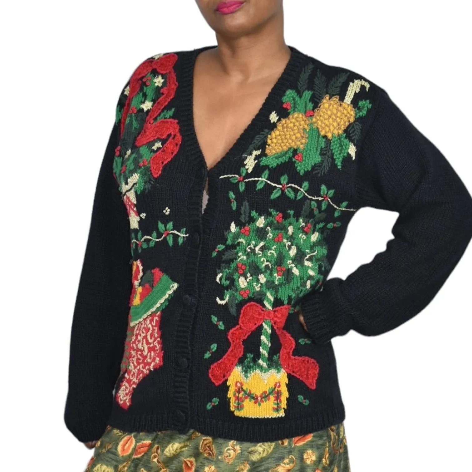 Ugly Christmas Sweater Black Cardigan Vintage Holiday Stockings 3D Knit Bryn Connelly Size Medium Petite