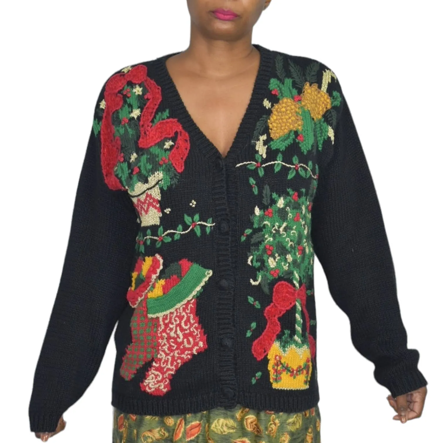 Ugly Christmas Sweater Black Cardigan Vintage Holiday Stockings 3D Knit Bryn Connelly Size Medium Petite