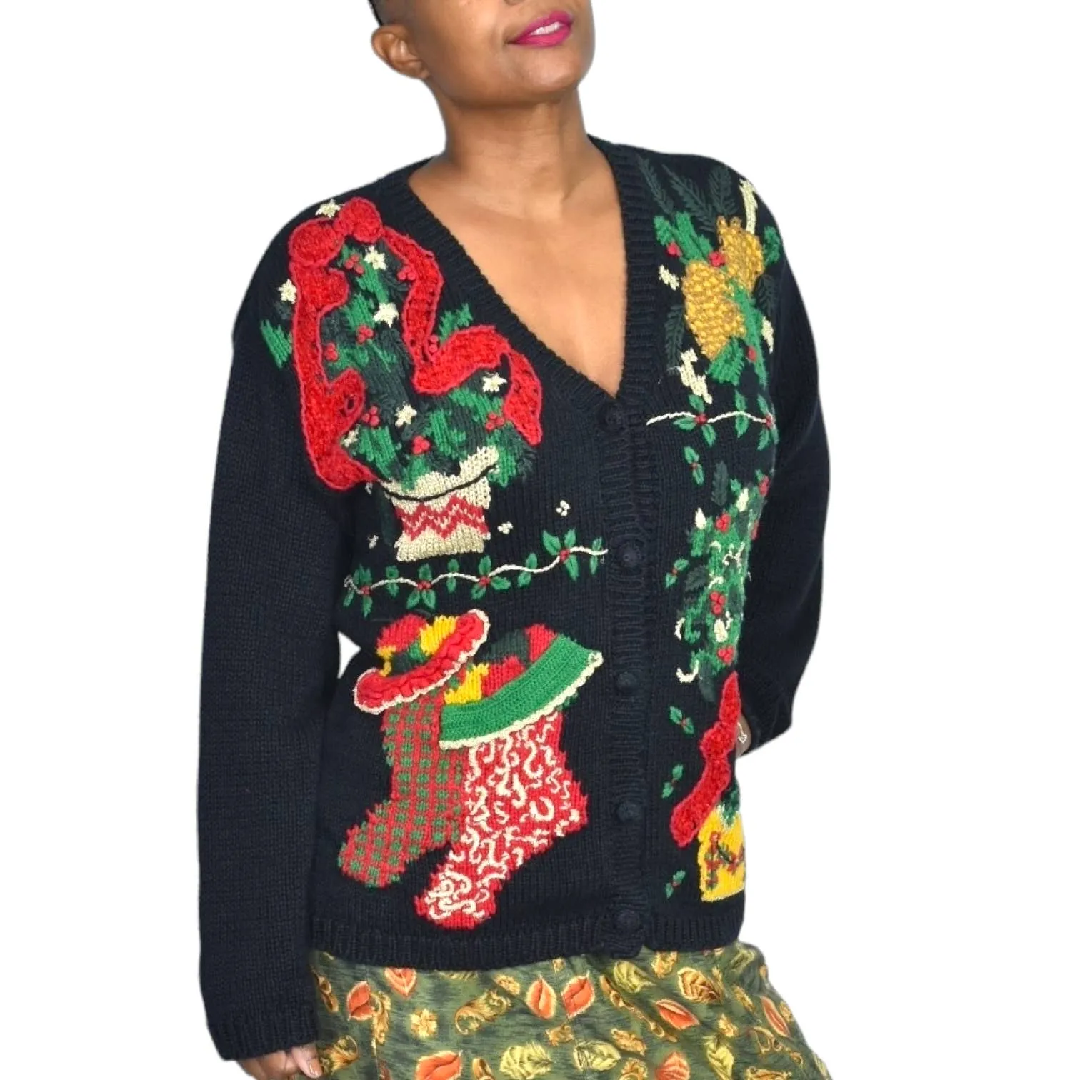 Ugly Christmas Sweater Black Cardigan Vintage Holiday Stockings 3D Knit Bryn Connelly Size Medium Petite