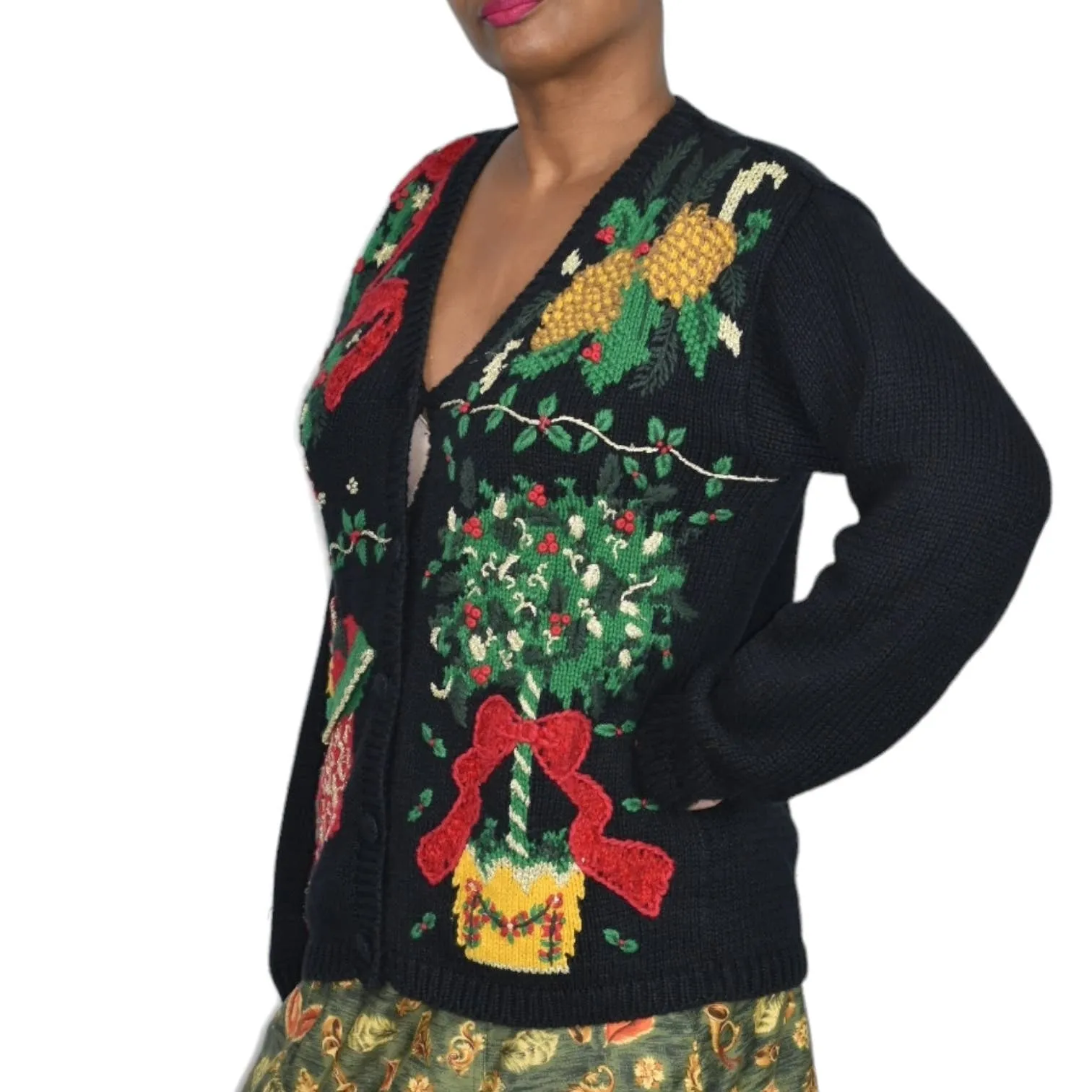 Ugly Christmas Sweater Black Cardigan Vintage Holiday Stockings 3D Knit Bryn Connelly Size Medium Petite