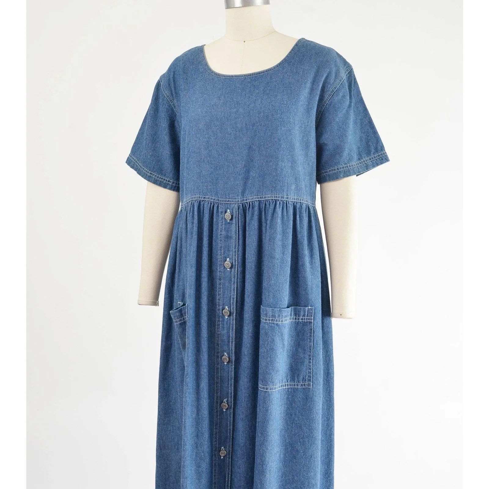 Vintage 90s Button Front Cotton Denim Babydoll Ankle Length Maxi Market Dress M