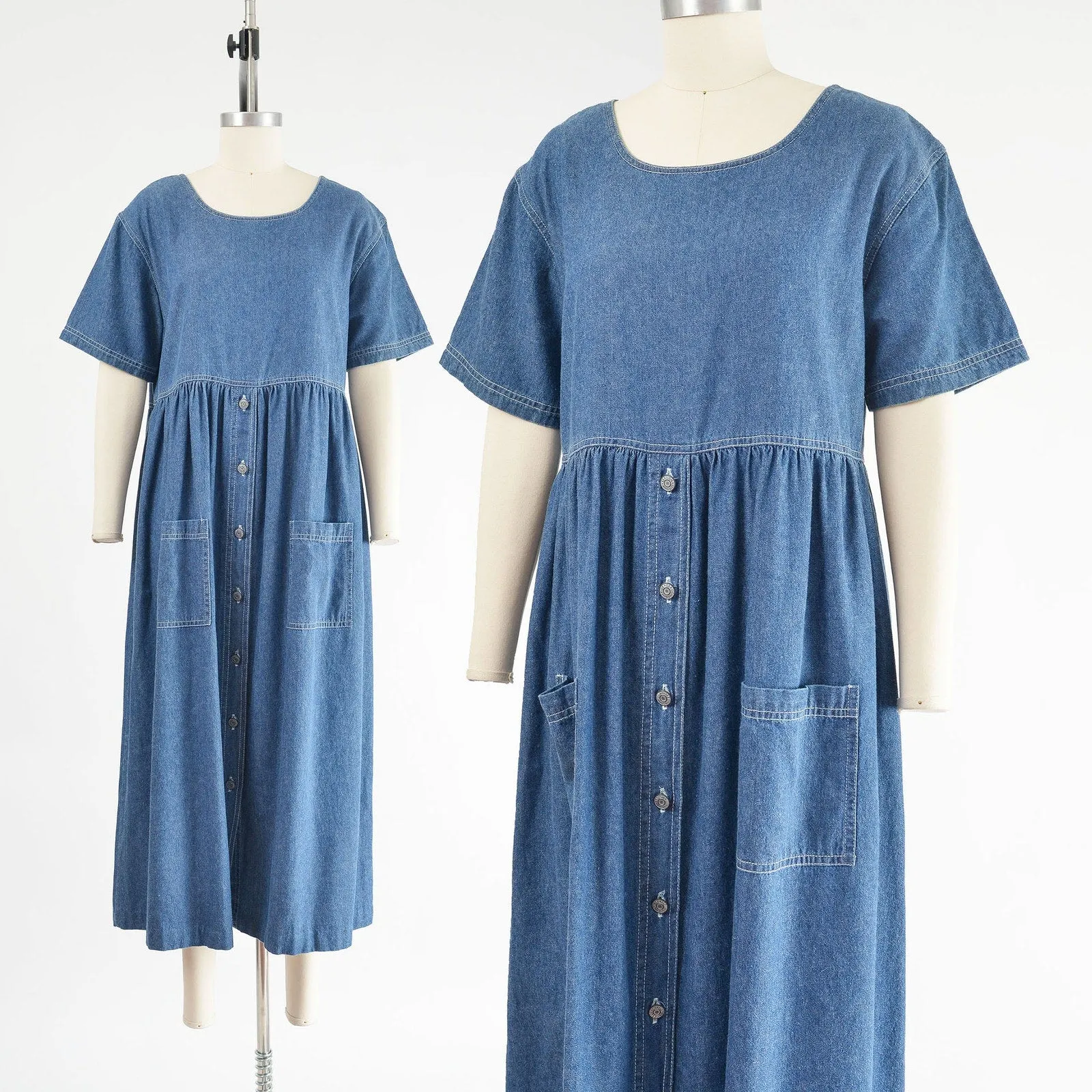 Vintage 90s Button Front Cotton Denim Babydoll Ankle Length Maxi Market Dress M