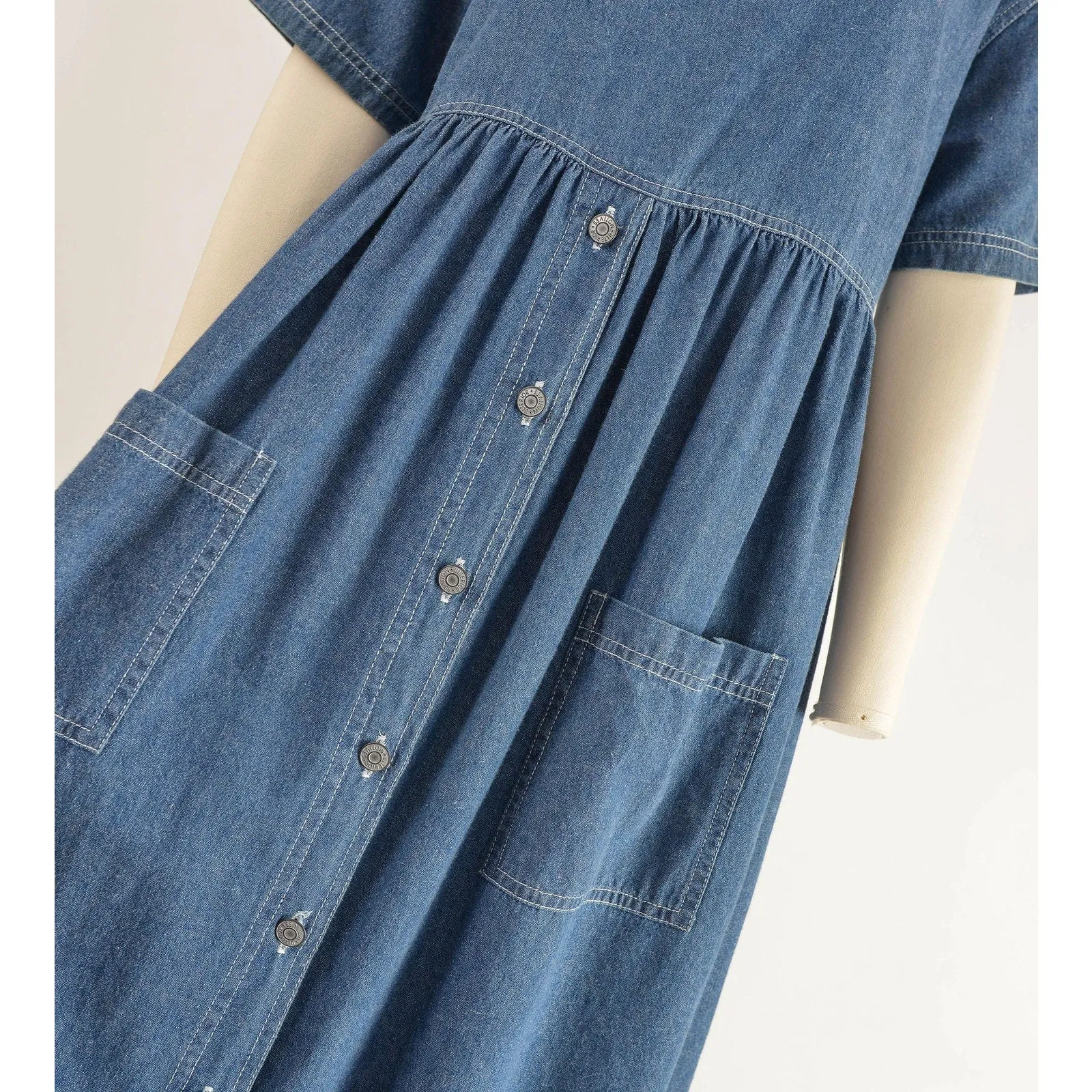 Vintage 90s Button Front Cotton Denim Babydoll Ankle Length Maxi Market Dress M