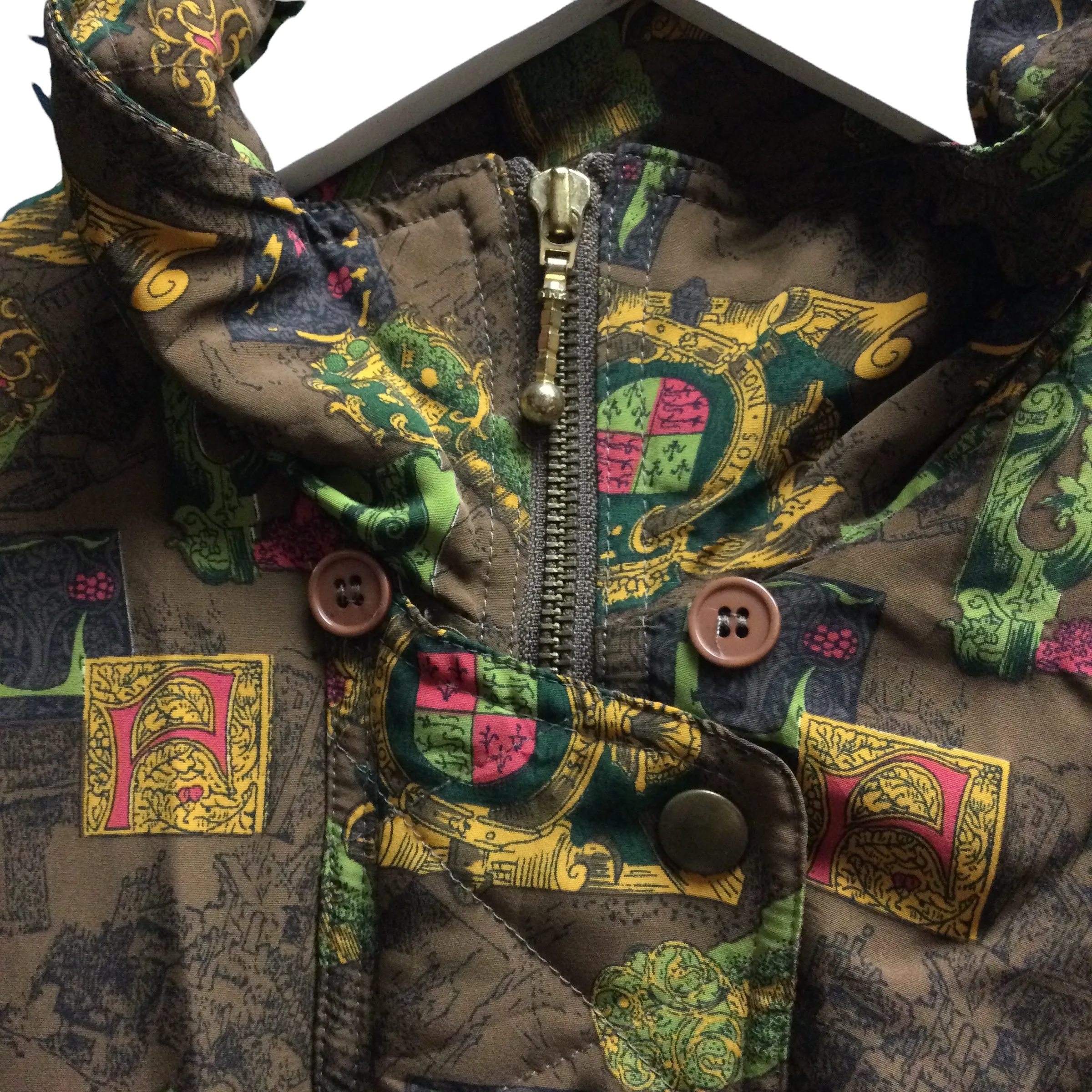 Vintage Khaki Quilted Printed Bomber Jacket