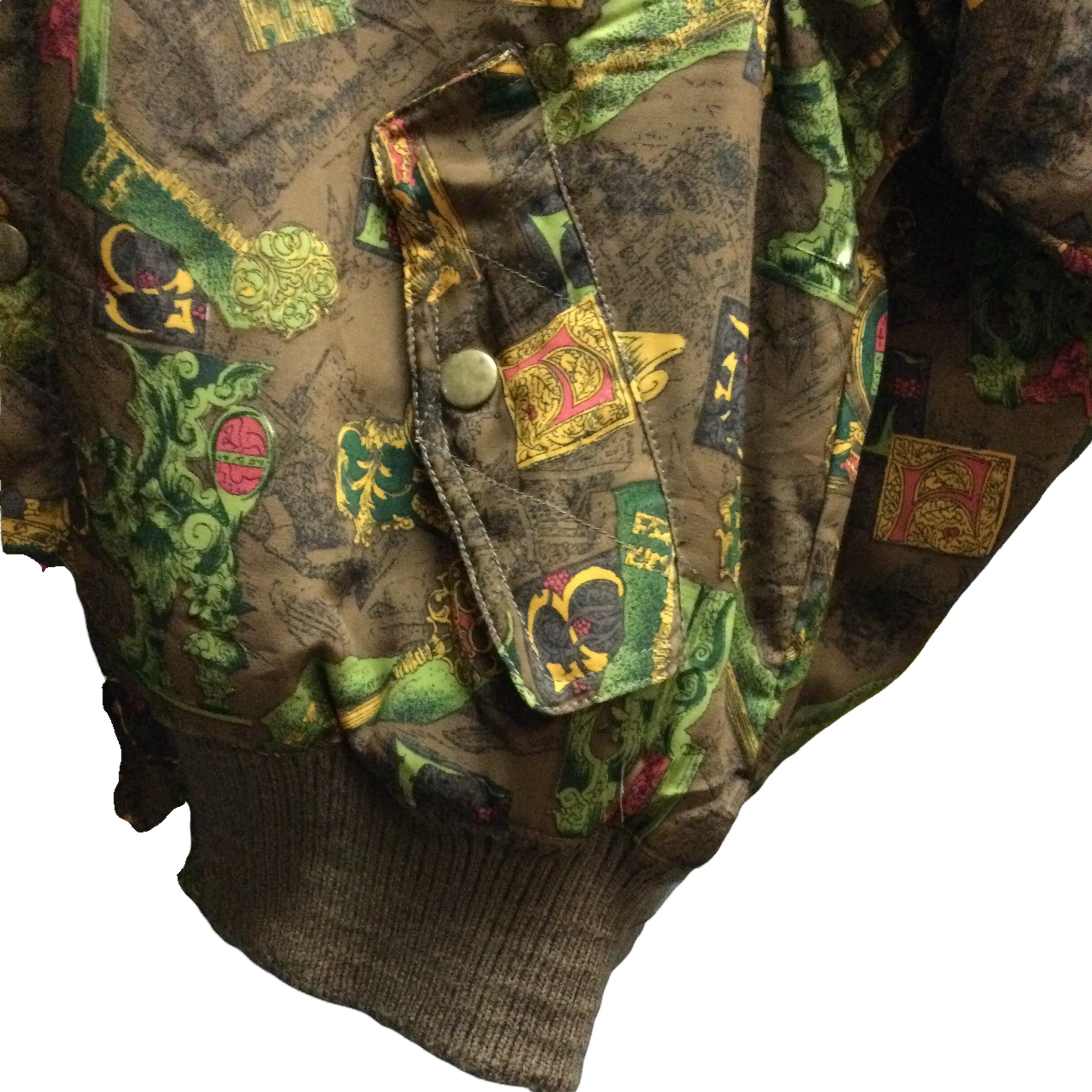 Vintage Khaki Quilted Printed Bomber Jacket