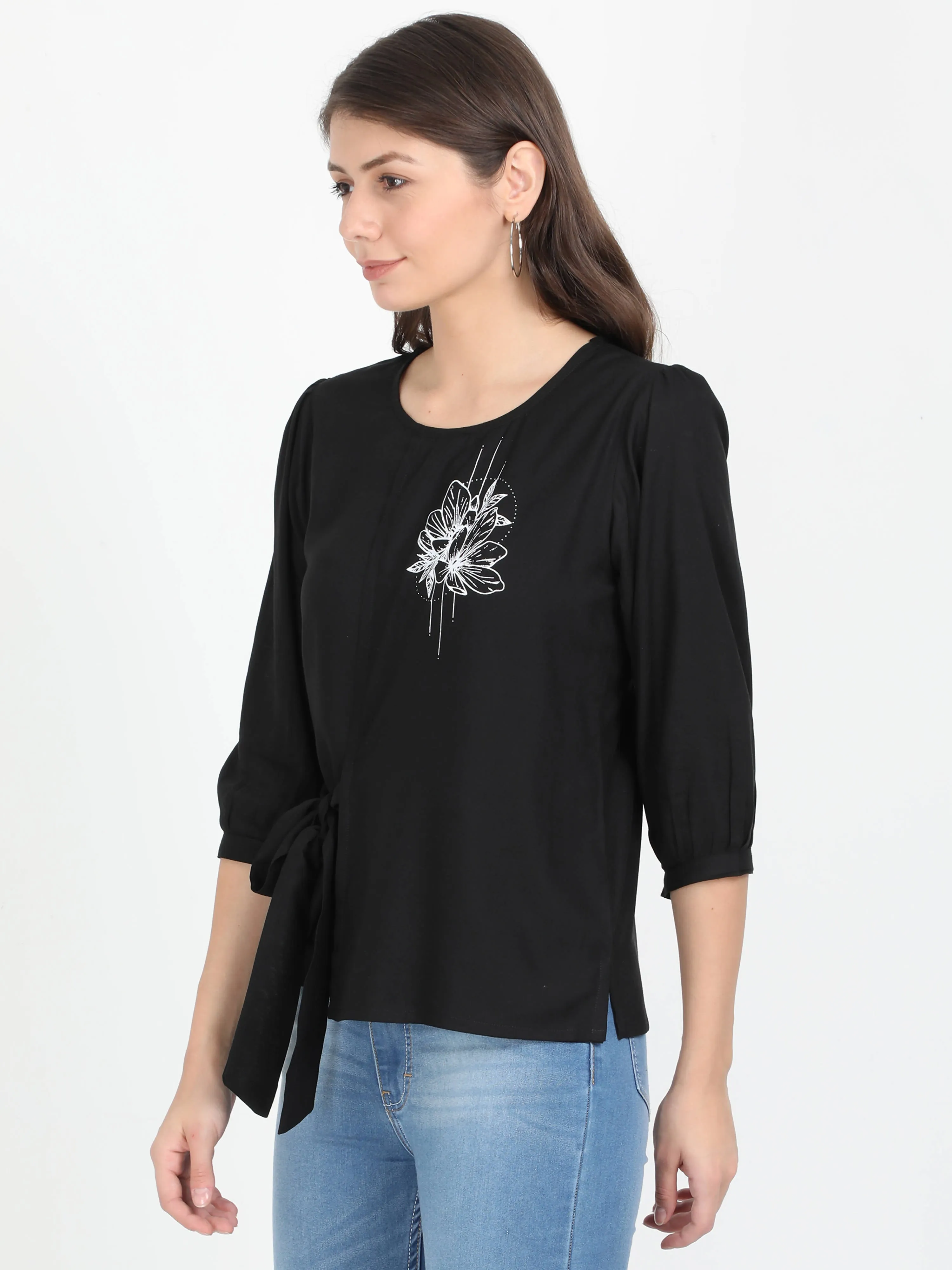 Women Black Single flower print casual Short Top