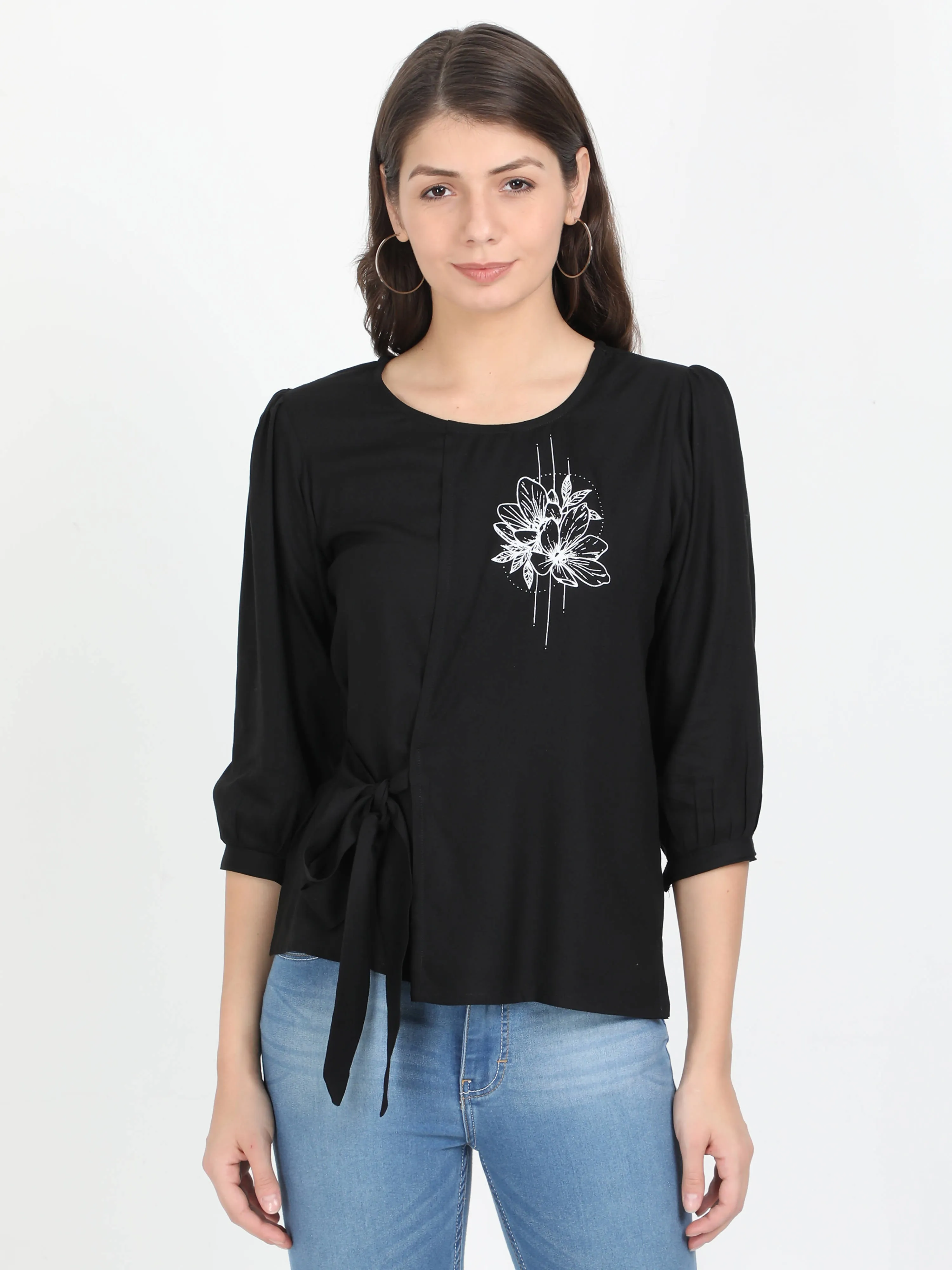 Women Black Single flower print casual Short Top