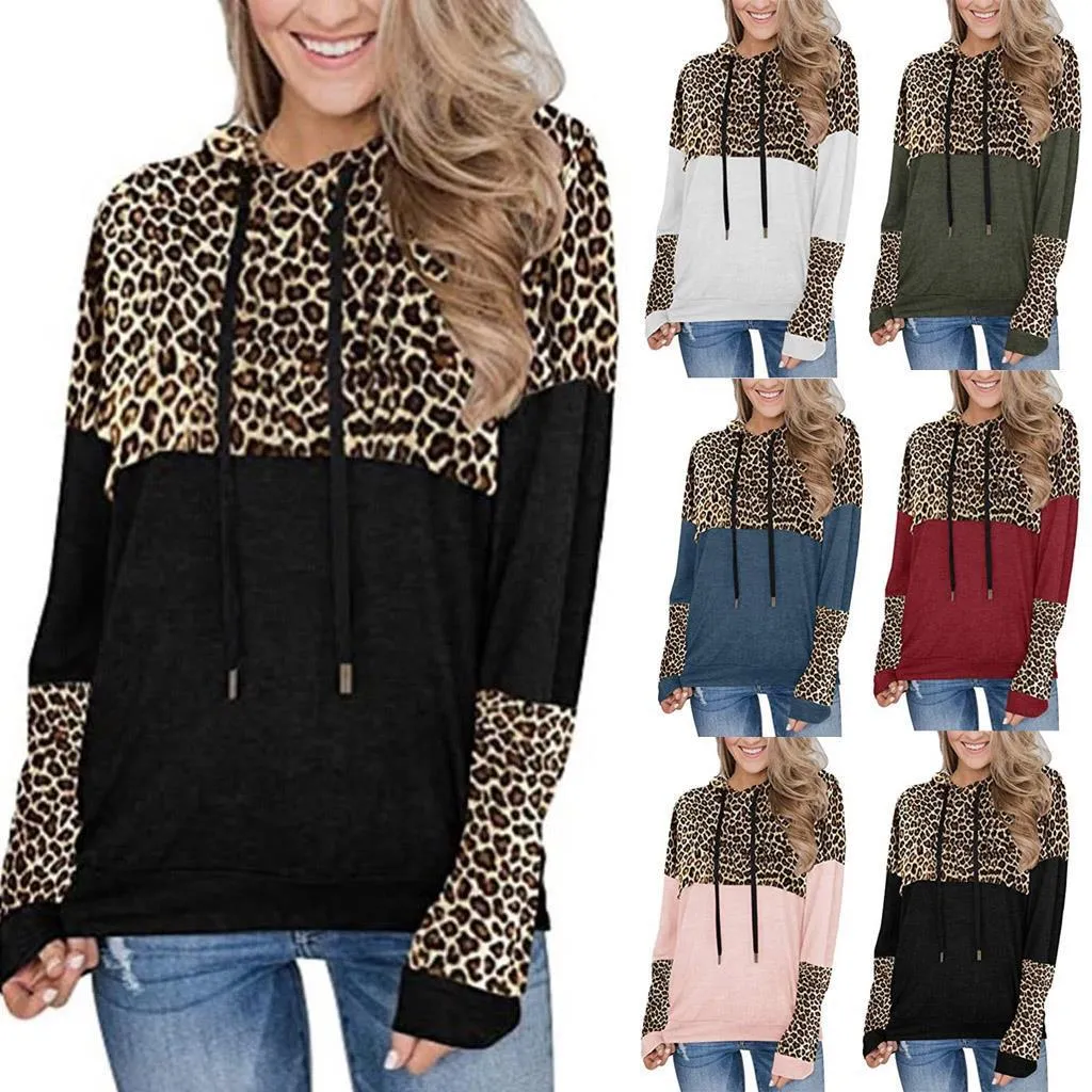 Women color block leopard pullover drawstring hoodie sweatshirt