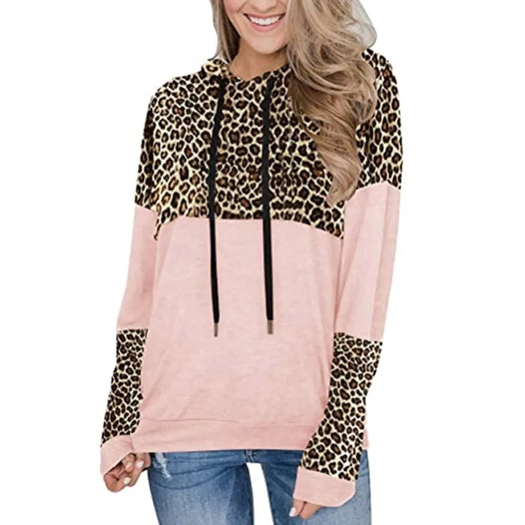 Women color block leopard pullover drawstring hoodie sweatshirt