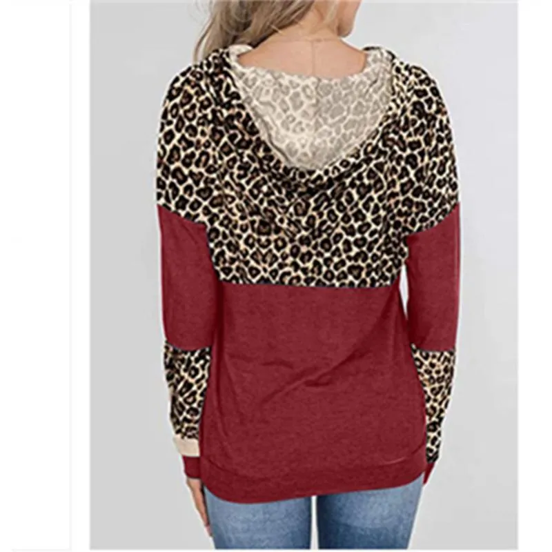 Women color block leopard pullover drawstring hoodie sweatshirt