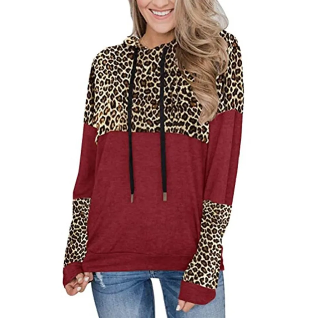 Women color block leopard pullover drawstring hoodie sweatshirt