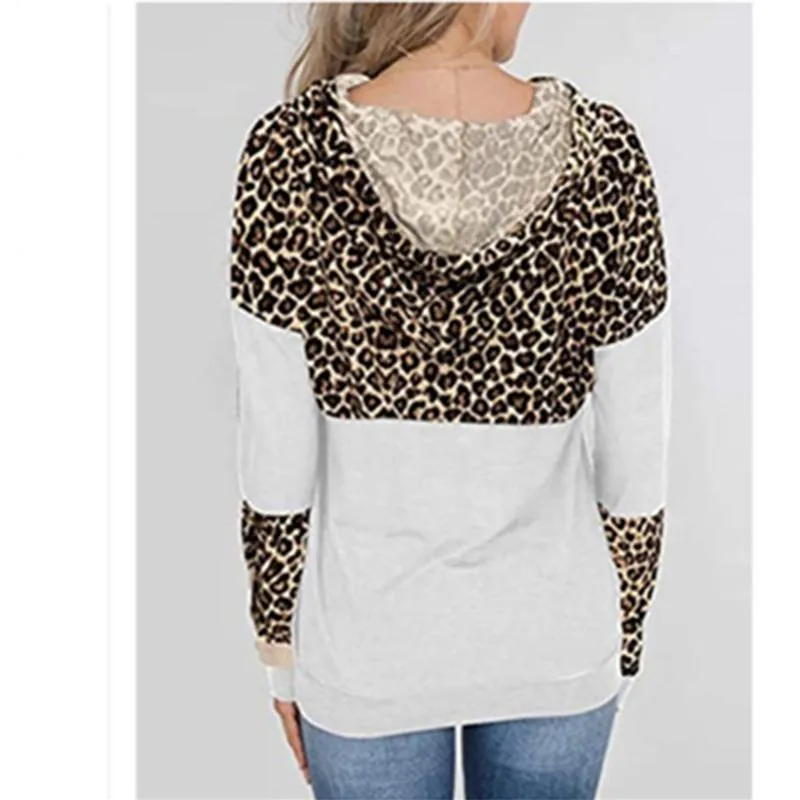 Women color block leopard pullover drawstring hoodie sweatshirt