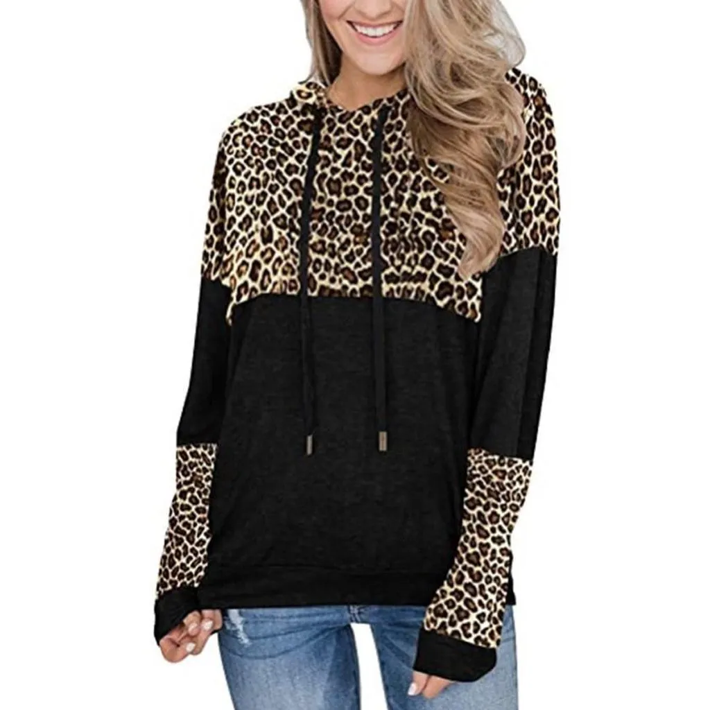 Women color block leopard pullover drawstring hoodie sweatshirt