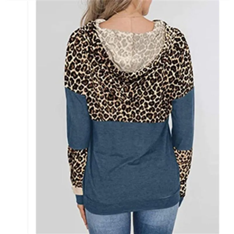 Women color block leopard pullover drawstring hoodie sweatshirt