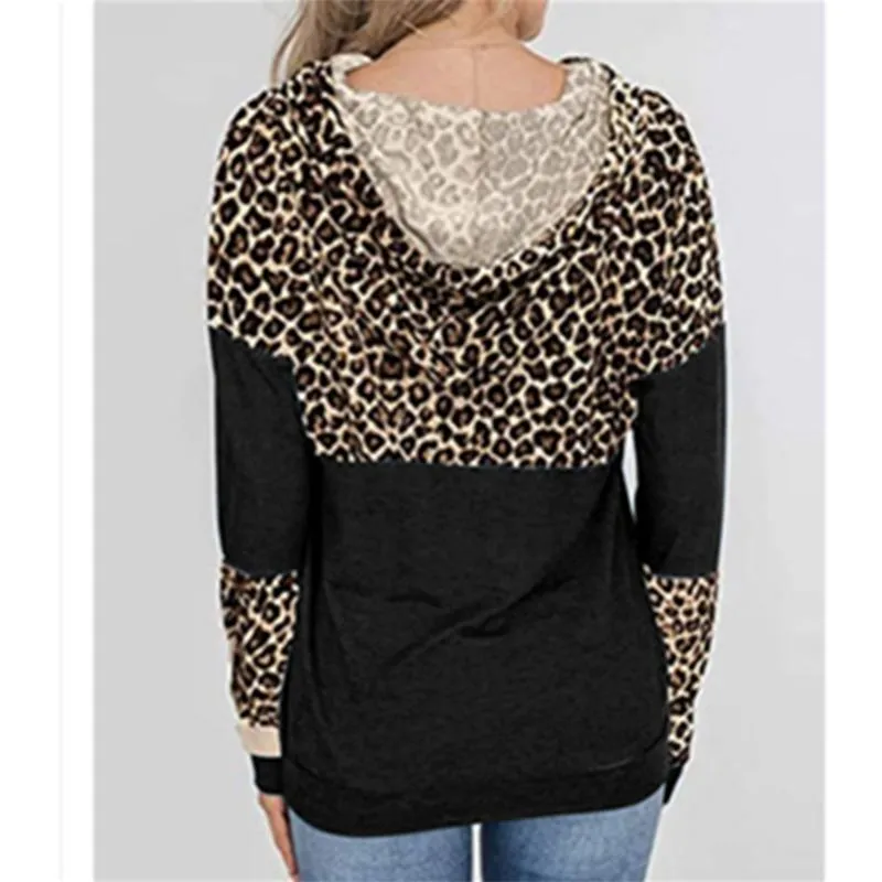 Women color block leopard pullover drawstring hoodie sweatshirt