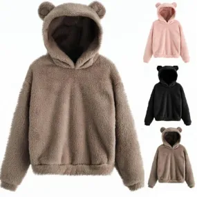 Women pullover fleece cropped rabbit ear hoodie sweatshirt