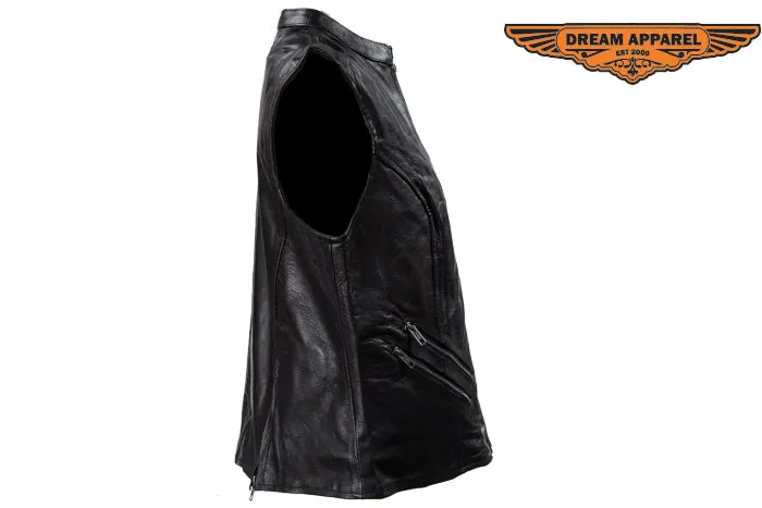 Womens Leather Motorcycle Vest With Two Deep Gun Pockets