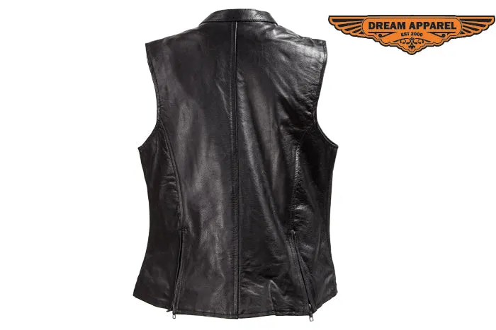 Womens Leather Motorcycle Vest With Two Deep Gun Pockets