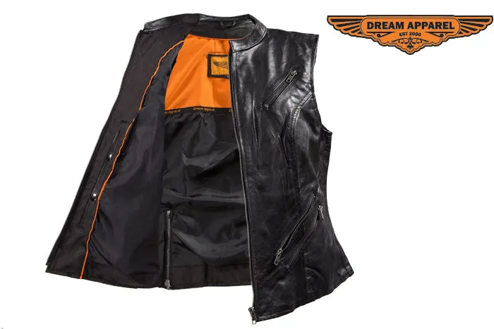 Womens Leather Motorcycle Vest With Two Deep Gun Pockets