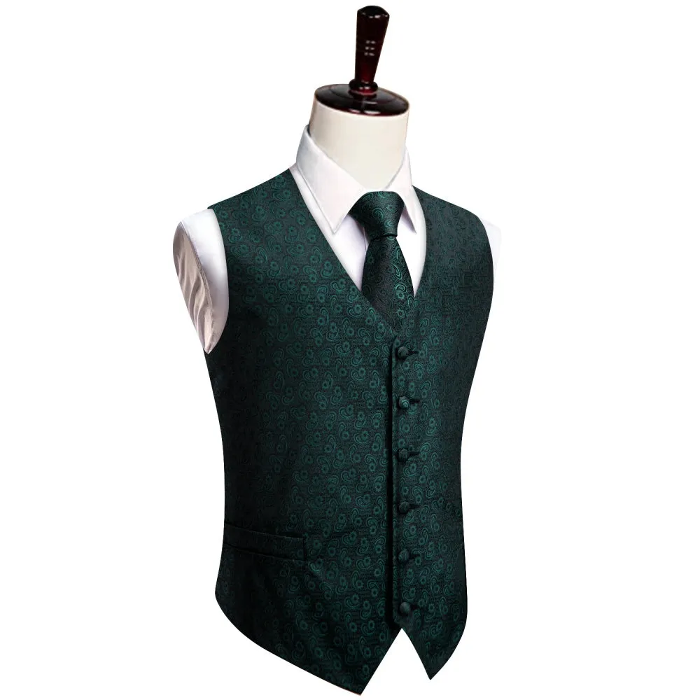 YourTies Jungle Green Wedding Waistcoat Mens Paisley V-Neck Vest Necktie Set