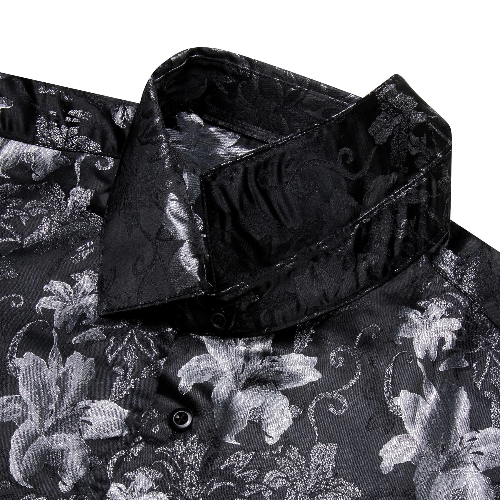 YourTies Lily Pattern Shirt for Men Black Long Sleeve Silk Dress Shirt