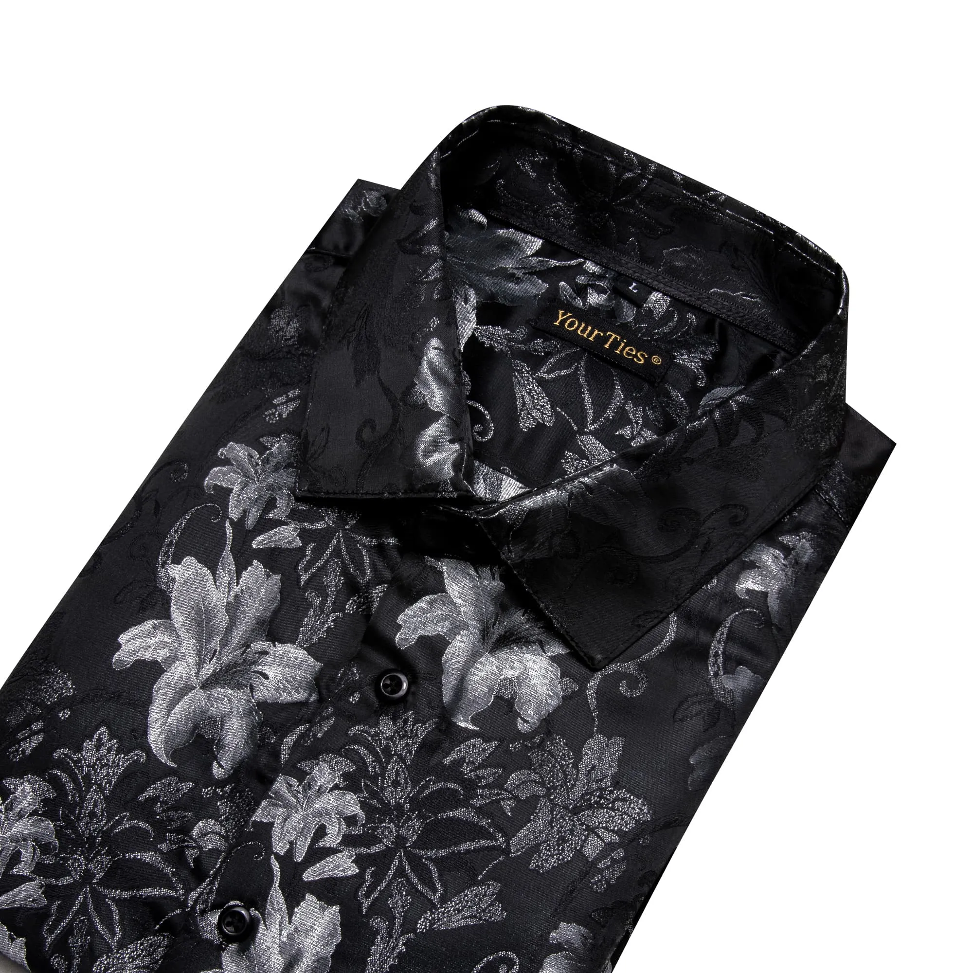 YourTies Lily Pattern Shirt for Men Black Long Sleeve Silk Dress Shirt