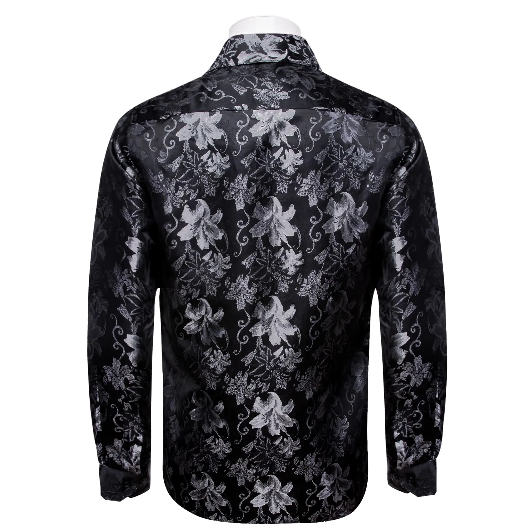 YourTies Lily Pattern Shirt for Men Black Long Sleeve Silk Dress Shirt